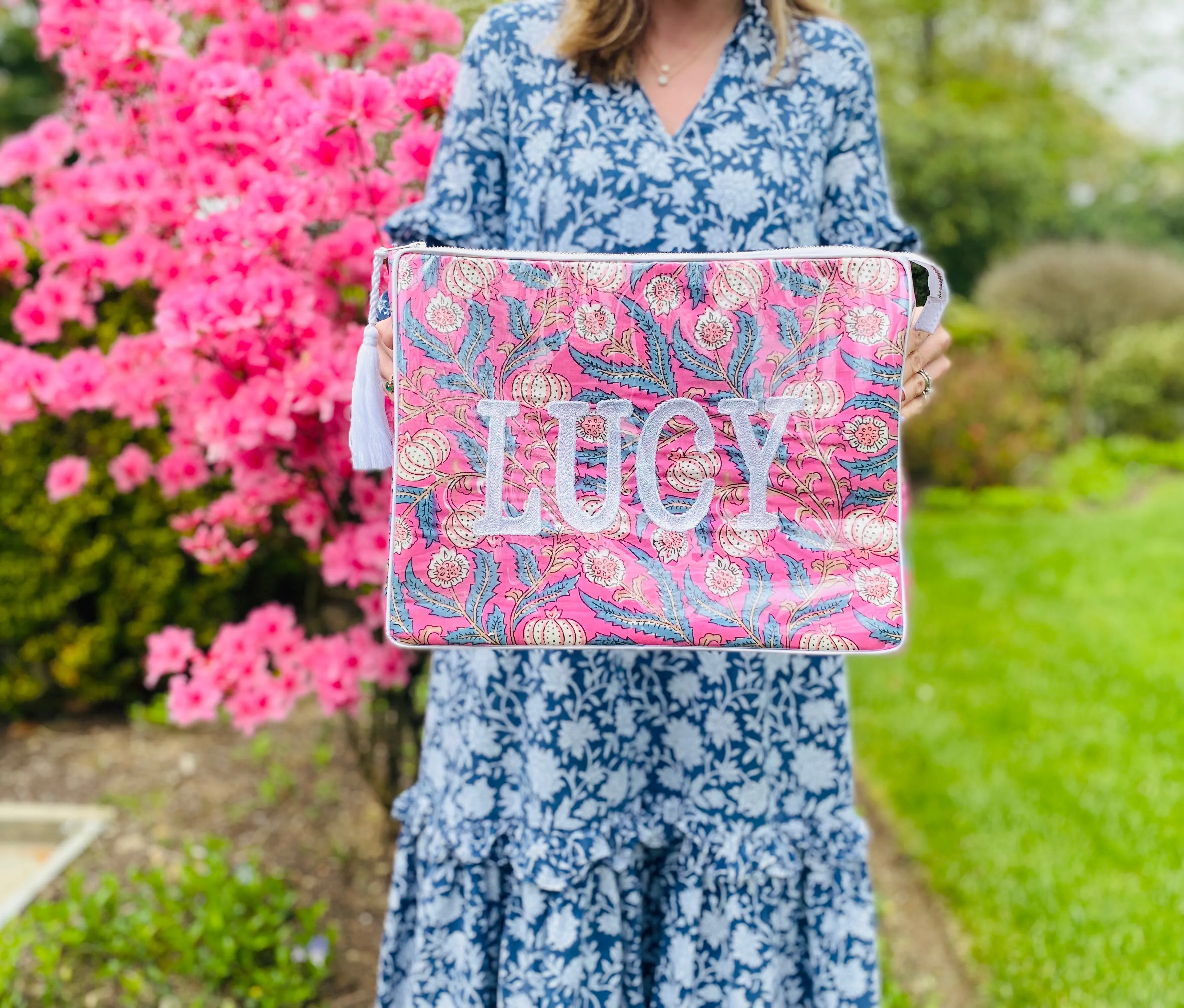 The OG India Bag -Blue/Pink/White - Monogrammed