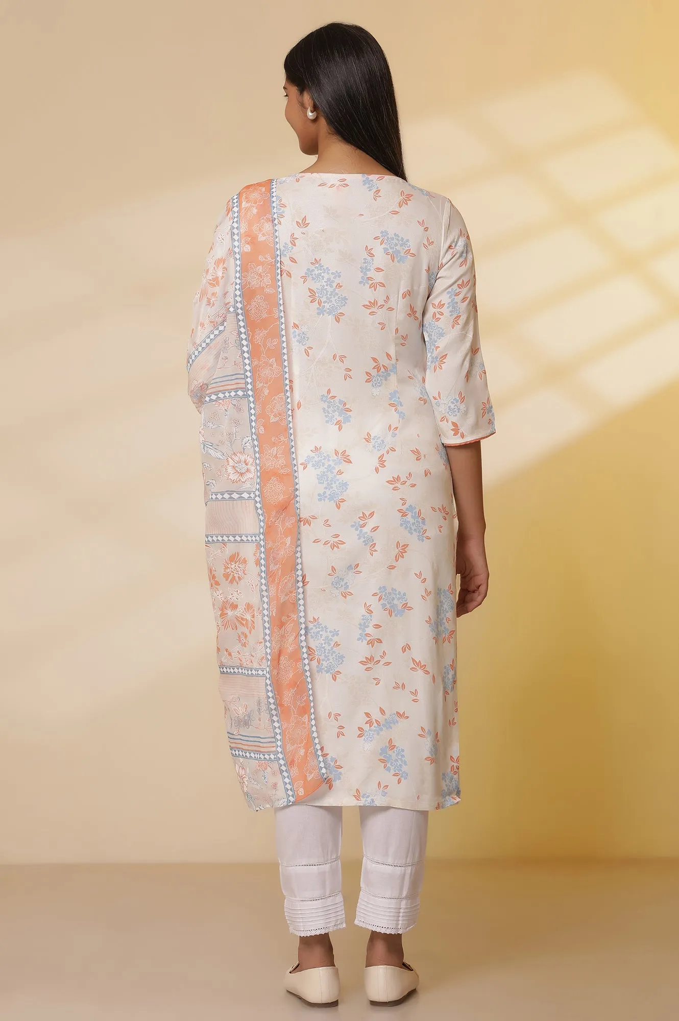 White Floral Printed Straight Kurta, Trousers with Dupatta Set