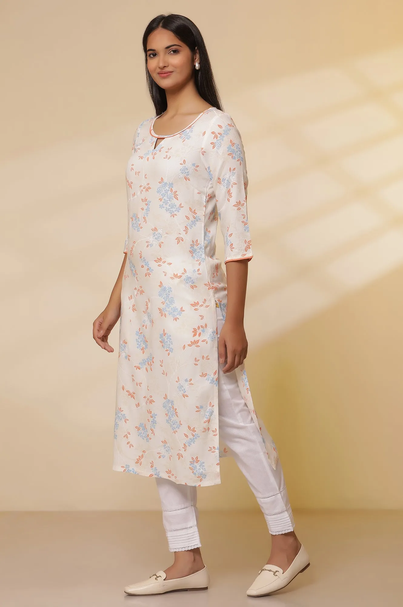 White Floral Printed Straight Kurta, Trousers with Dupatta Set