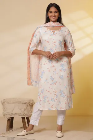 White Floral Printed Straight Kurta, Trousers with Dupatta Set