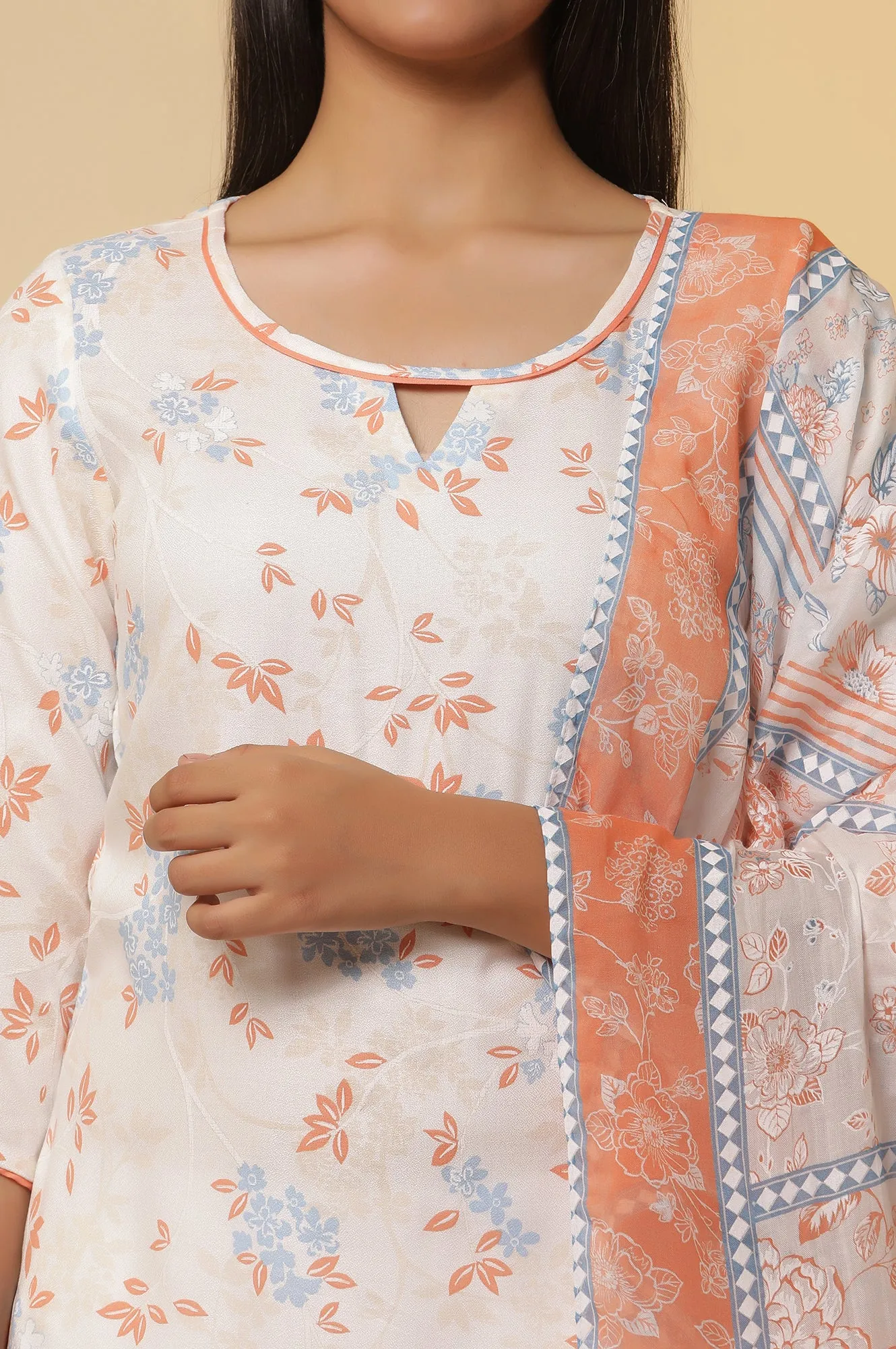 White Floral Printed Straight Kurta, Trousers with Dupatta Set