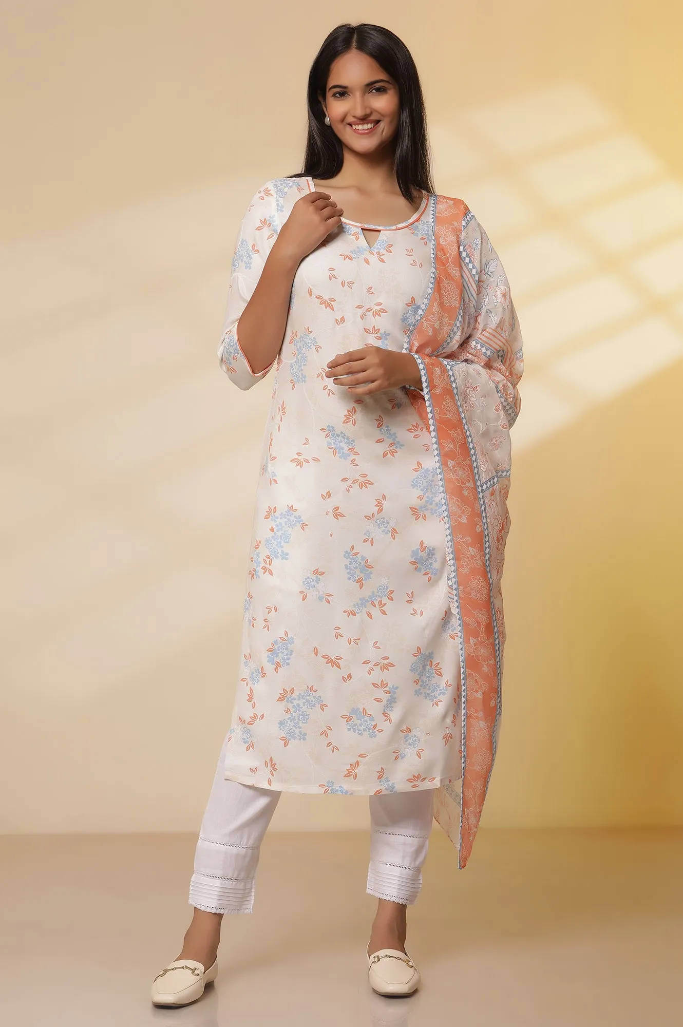 White Floral Printed Straight Kurta, Trousers with Dupatta Set