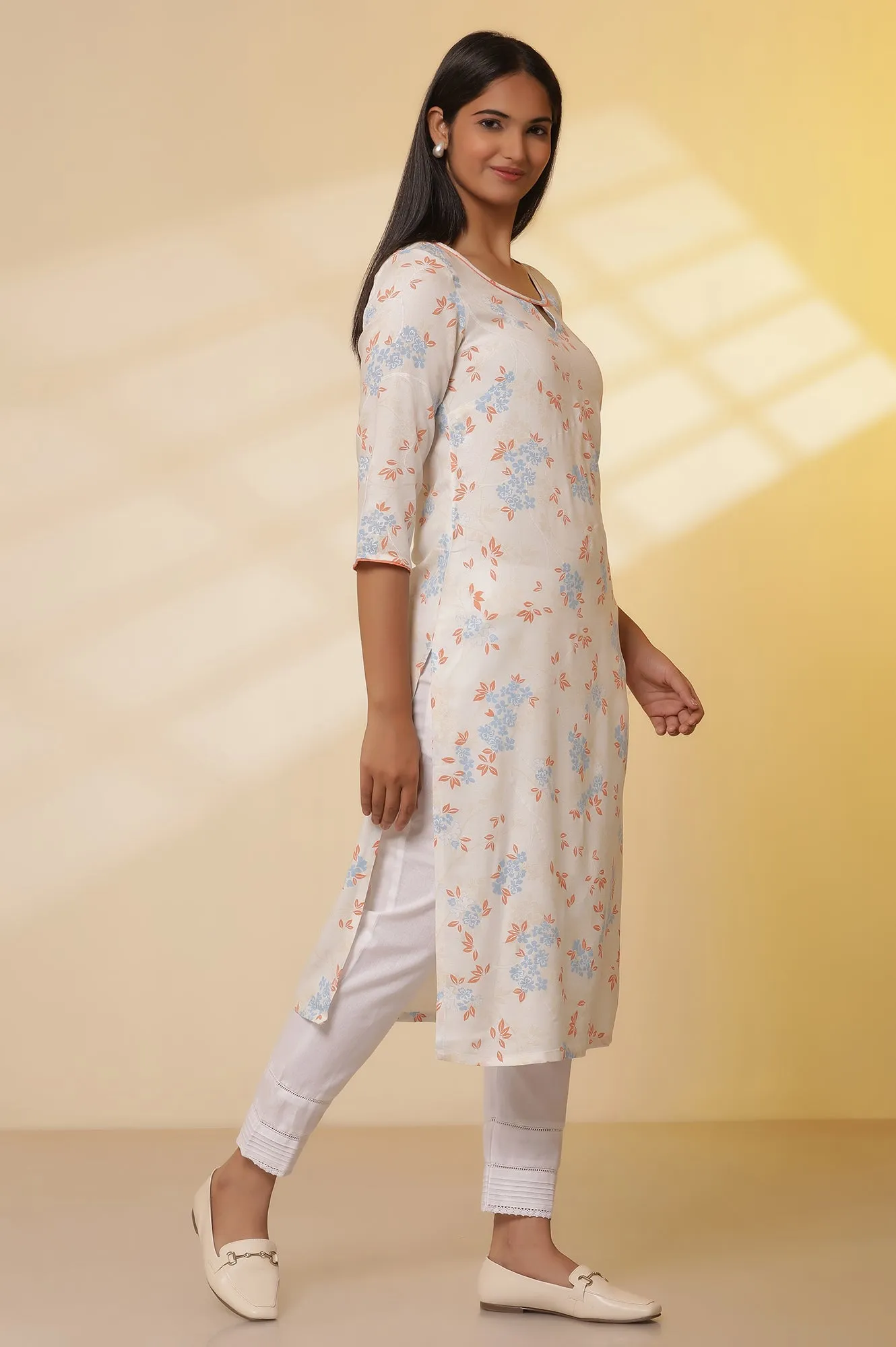 White Floral Printed Straight Kurta, Trousers with Dupatta Set