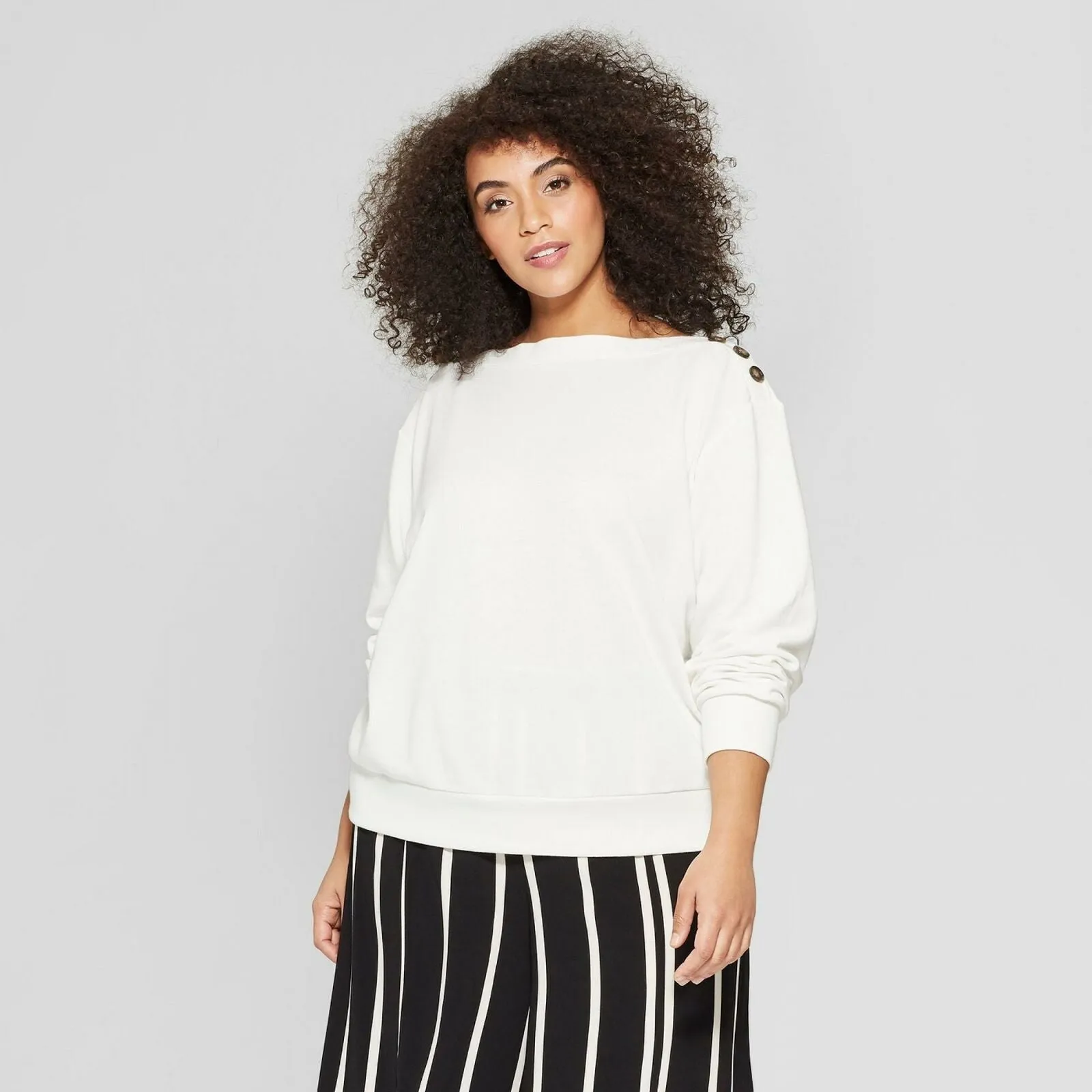 Who What Wear Plus Size Button Shoulder Long Sleeve Sweatshirt Cream 1X