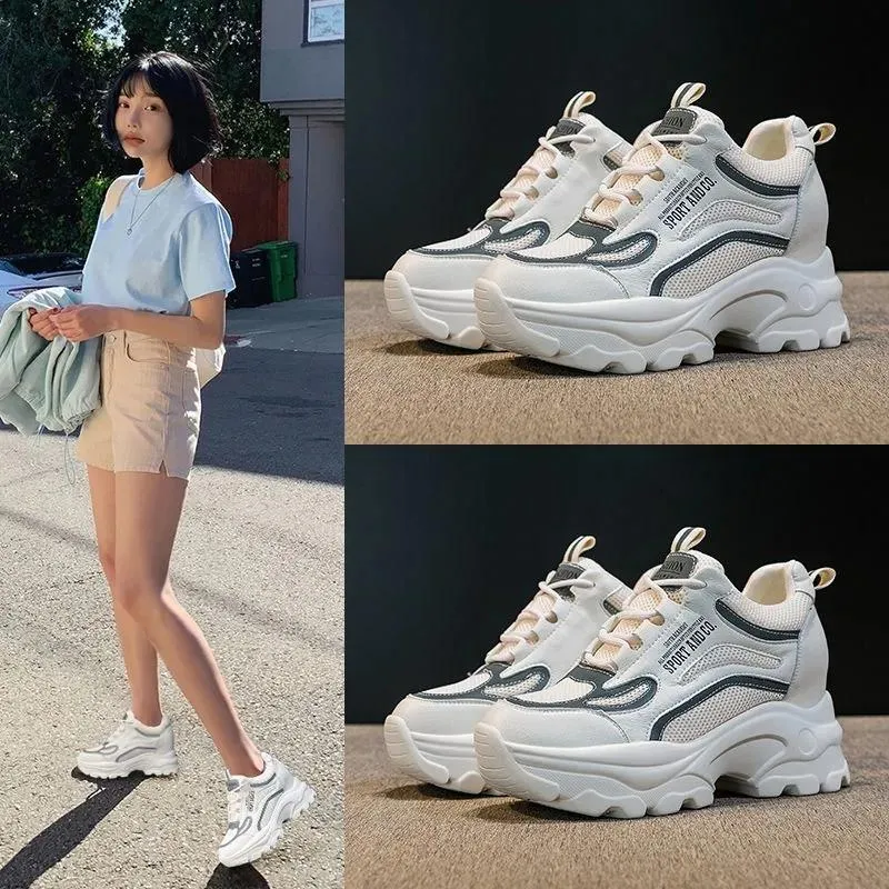 Women's 7cm Height Increase Shoes White Shoes Casual Shoes Mesh Breathable Sneakers Light Color High Heels Sports Casual Shoes