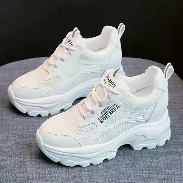 Women's 7cm Height Increase Shoes White Shoes Casual Shoes Mesh Breathable Sneakers Light Color High Heels Sports Casual Shoes