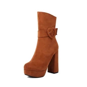 Women's Buckle Strap Round Toe Platform High Heel Short Boots