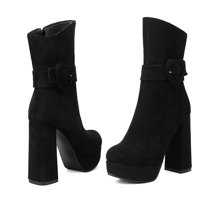 Women's Buckle Strap Round Toe Platform High Heel Short Boots