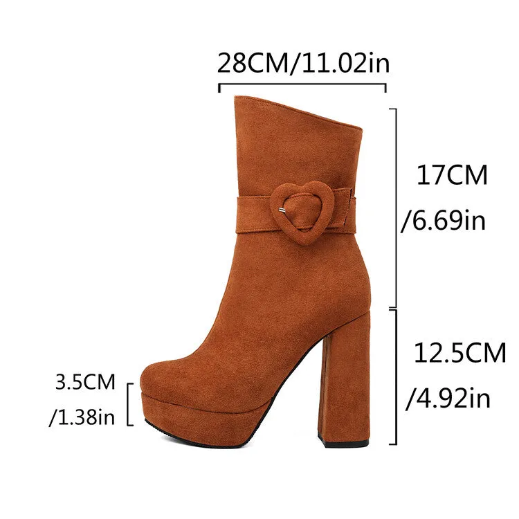 Women's Buckle Strap Round Toe Platform High Heel Short Boots