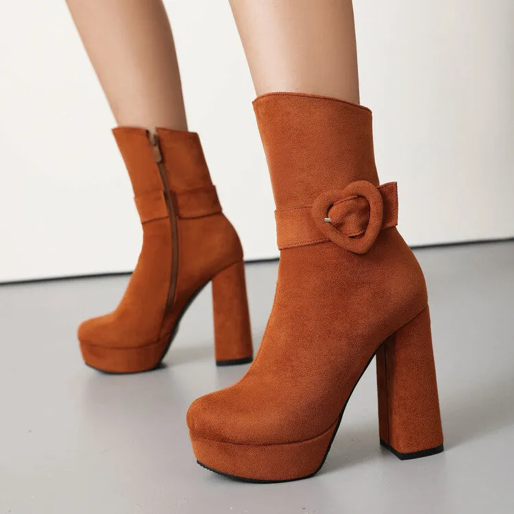 Women's Buckle Strap Round Toe Platform High Heel Short Boots