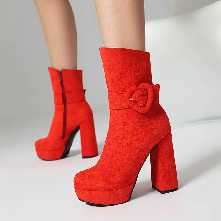 Women's Buckle Strap Round Toe Platform High Heel Short Boots