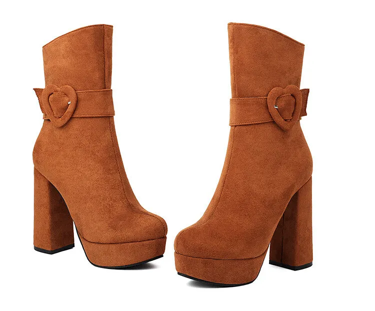 Women's Buckle Strap Round Toe Platform High Heel Short Boots