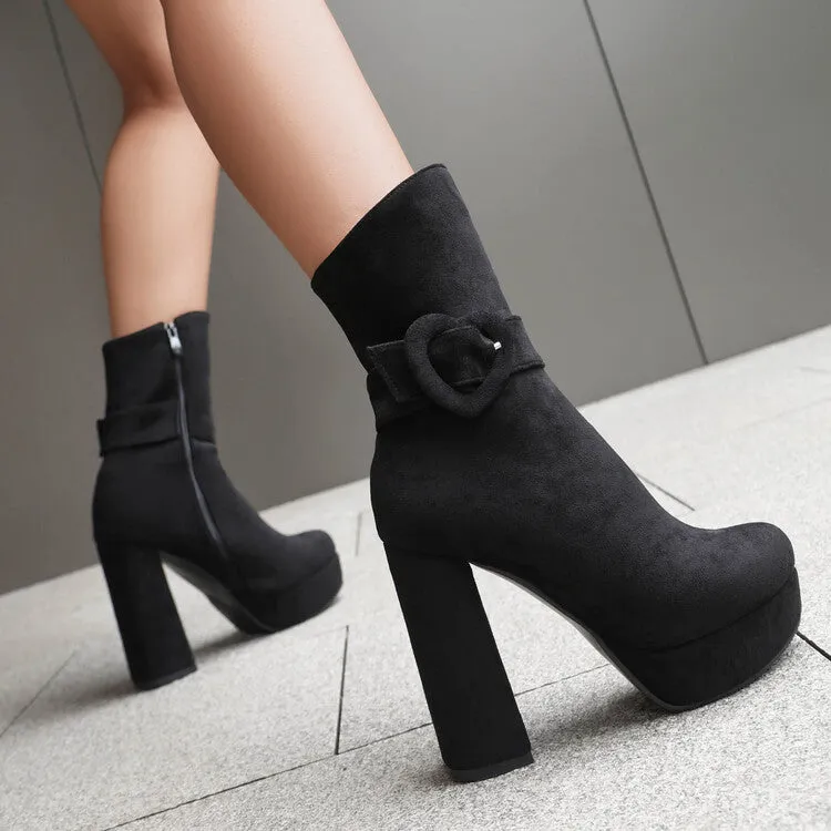 Women's Buckle Strap Round Toe Platform High Heel Short Boots