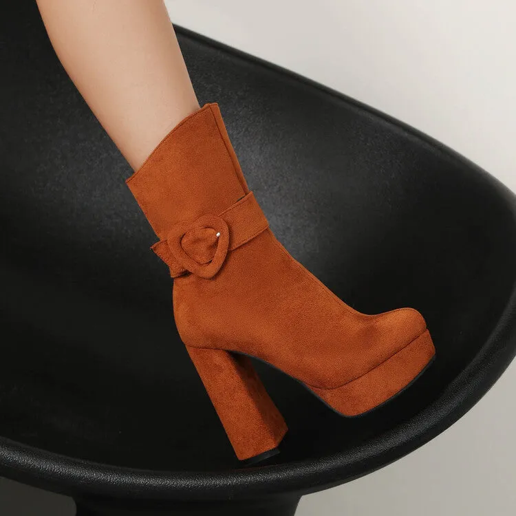 Women's Buckle Strap Round Toe Platform High Heel Short Boots
