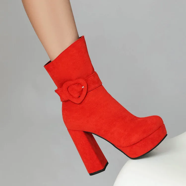 Women's Buckle Strap Round Toe Platform High Heel Short Boots