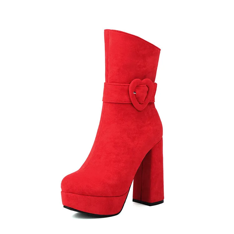 Women's Buckle Strap Round Toe Platform High Heel Short Boots
