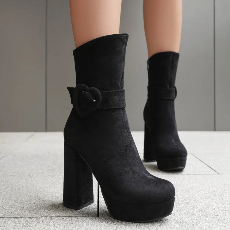 Women's Buckle Strap Round Toe Platform High Heel Short Boots