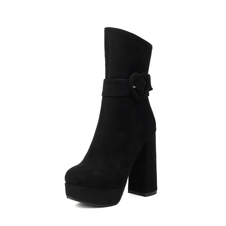 Women's Buckle Strap Round Toe Platform High Heel Short Boots