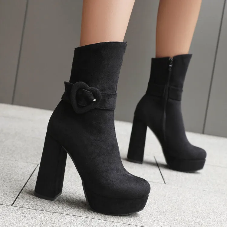 Women's Buckle Strap Round Toe Platform High Heel Short Boots