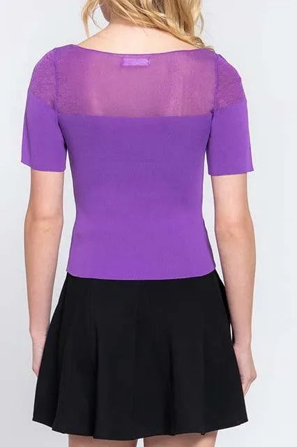 Women's Casual Short Sleeve Semi Sheer Combination Sweater