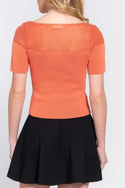Women's Casual Short Sleeve Semi Sheer Combination Sweater