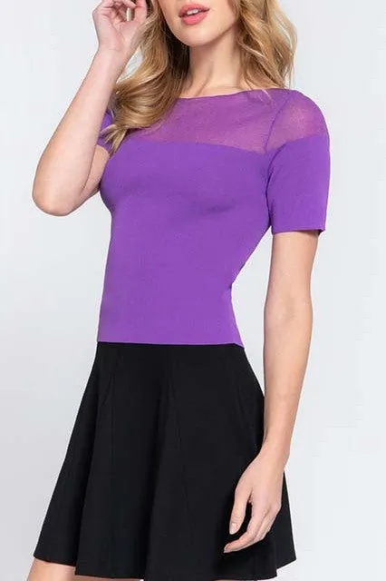 Women's Casual Short Sleeve Semi Sheer Combination Sweater