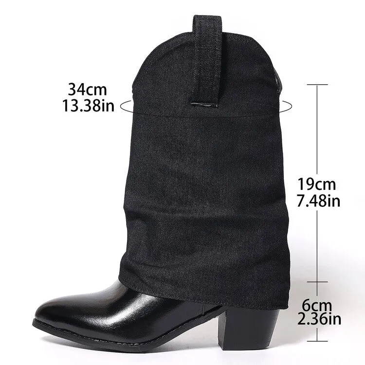 Women's Patchwork Pointed Toe Block Heel Mid Calf Western Boots