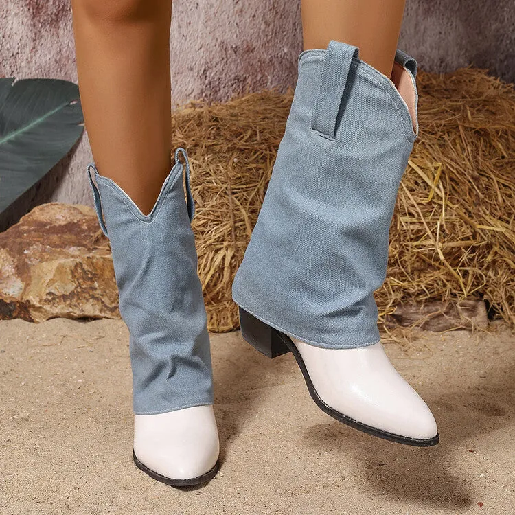 Women's Patchwork Pointed Toe Block Heel Mid Calf Western Boots