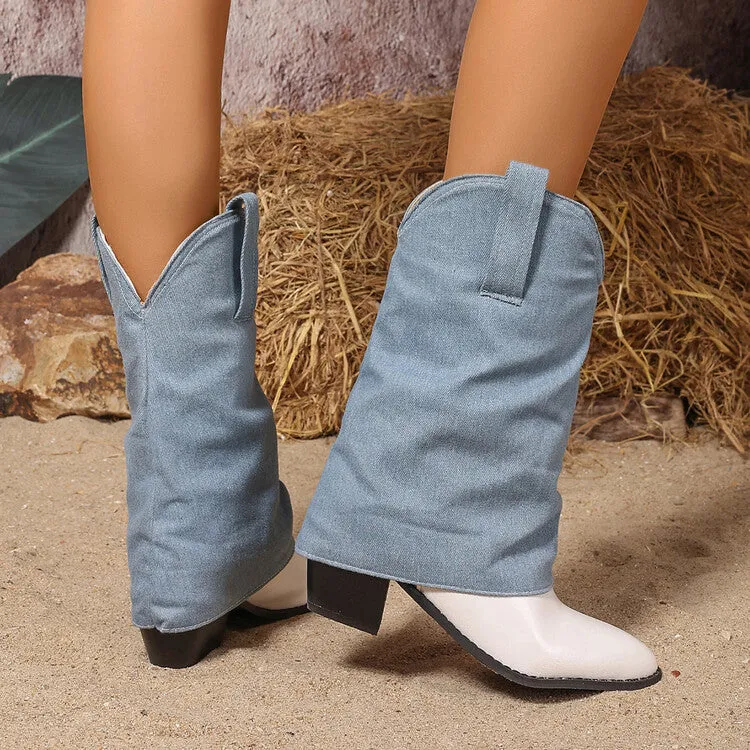 Women's Patchwork Pointed Toe Block Heel Mid Calf Western Boots