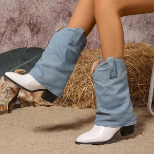 Women's Patchwork Pointed Toe Block Heel Mid Calf Western Boots