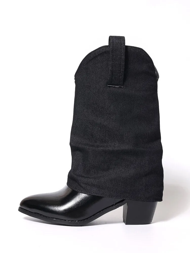 Women's Patchwork Pointed Toe Block Heel Mid Calf Western Boots