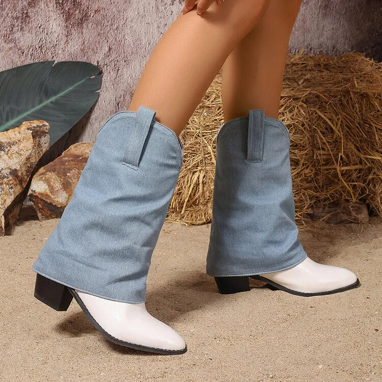 Women's Patchwork Pointed Toe Block Heel Mid Calf Western Boots