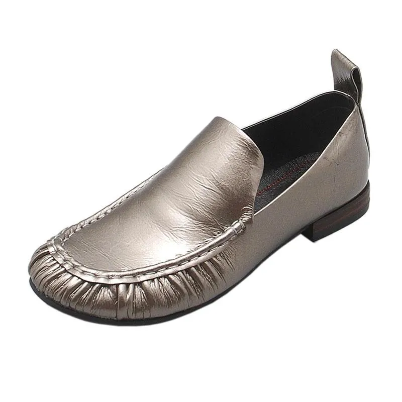 Women's Shallow Mouth Casual Shoes Peas Shoes Round Toe Flat Spring and Autumn Single Shoes British Style Leather Shoes Lazy Pedal Shoes