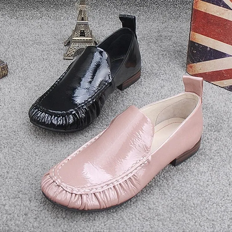 Women's Shallow Mouth Casual Shoes Peas Shoes Round Toe Flat Spring and Autumn Single Shoes British Style Leather Shoes Lazy Pedal Shoes