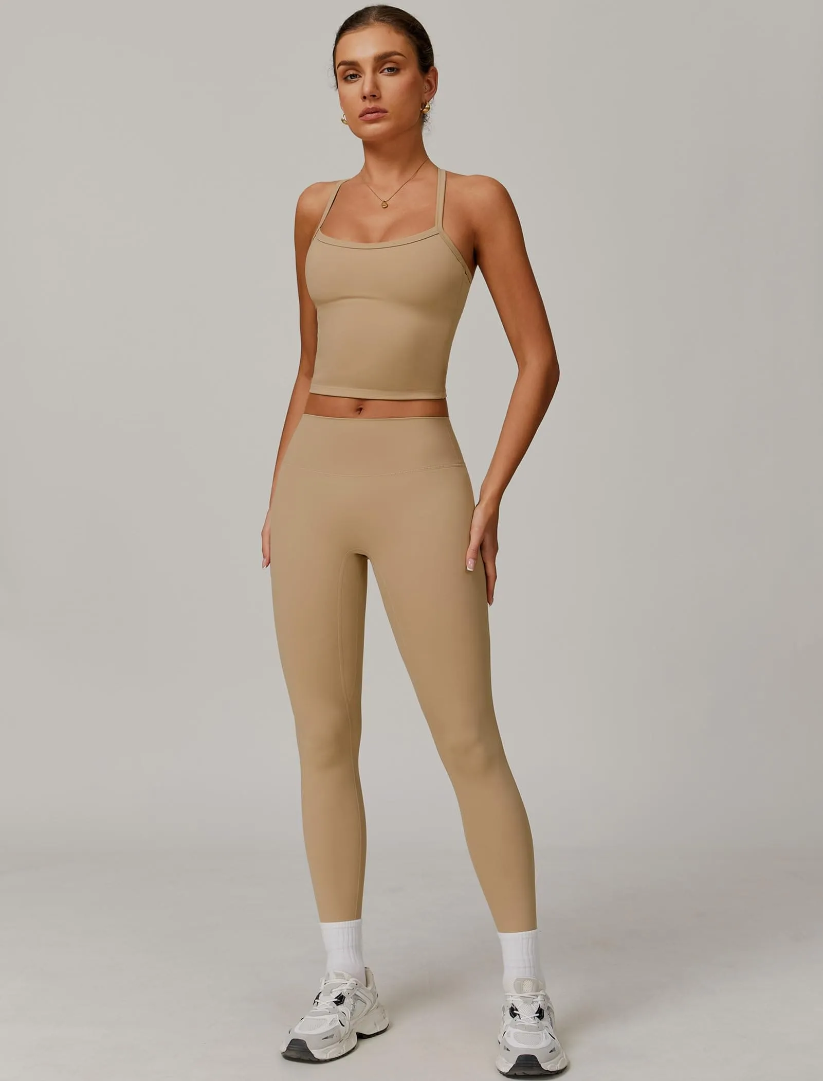 Womens Workout Sets Two Piece Seamless Stretch Cross Back Tank Top Matching Tummy Control High Waist Leggings Set 2 Piece For Women Gym Yoga Active Wear Outfits Athletic Work Out Clothes Khaki