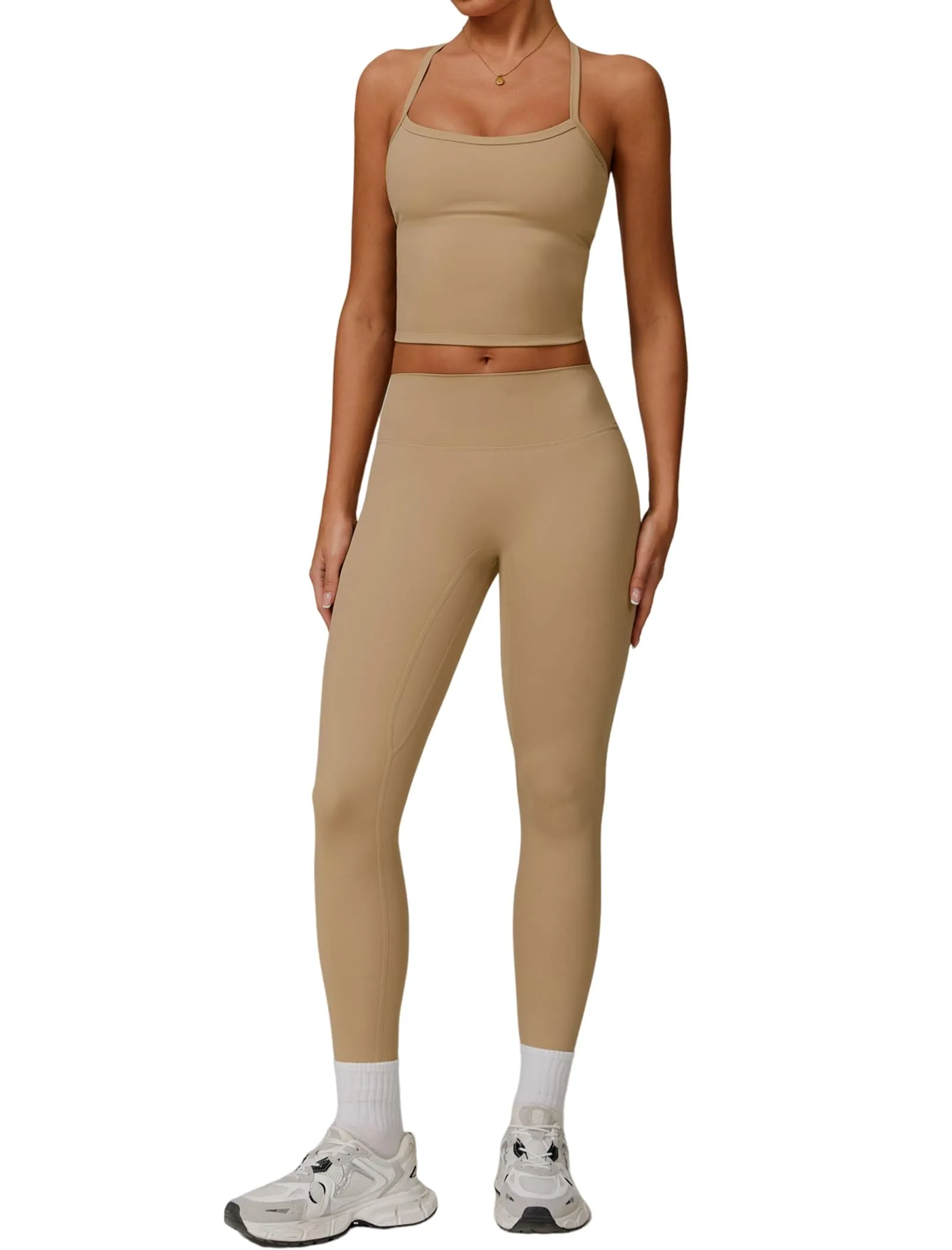 Womens Workout Sets Two Piece Seamless Stretch Cross Back Tank Top Matching Tummy Control High Waist Leggings Set 2 Piece For Women Gym Yoga Active Wear Outfits Athletic Work Out Clothes Khaki