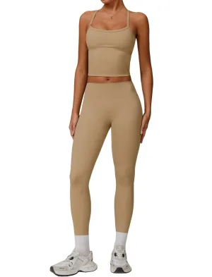Womens Workout Sets Two Piece Seamless Stretch Cross Back Tank Top Matching Tummy Control High Waist Leggings Set 2 Piece For Women Gym Yoga Active Wear Outfits Athletic Work Out Clothes Khaki