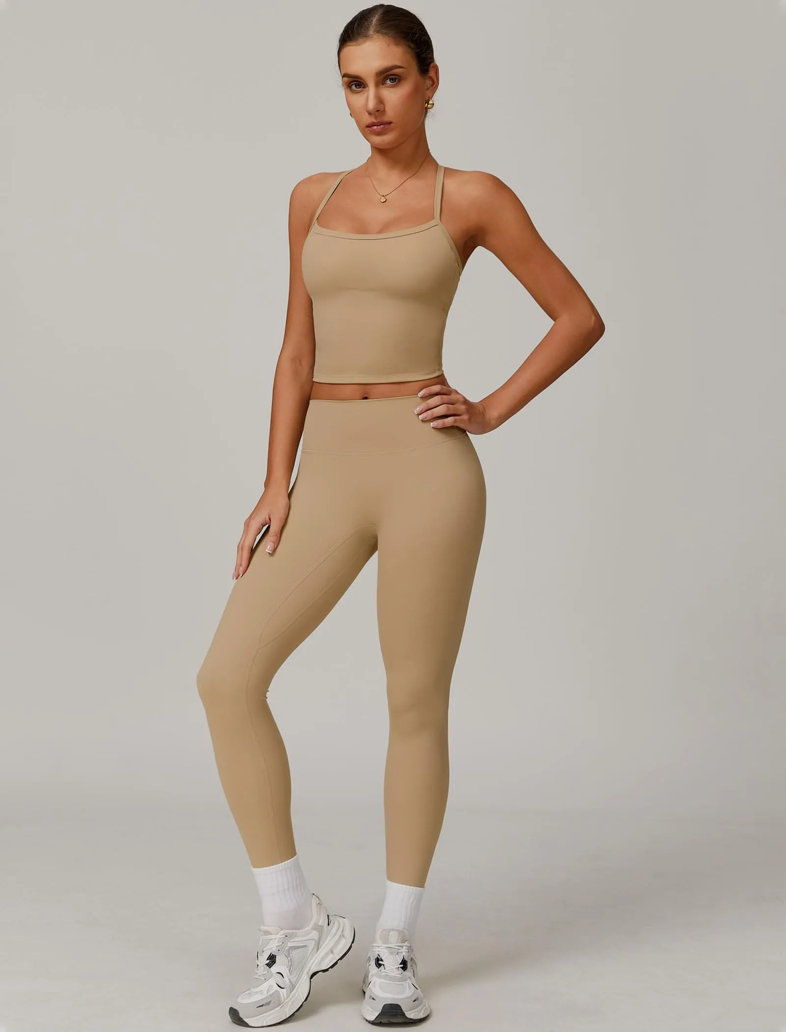 Womens Workout Sets Two Piece Seamless Stretch Cross Back Tank Top Matching Tummy Control High Waist Leggings Set 2 Piece For Women Gym Yoga Active Wear Outfits Athletic Work Out Clothes Khaki