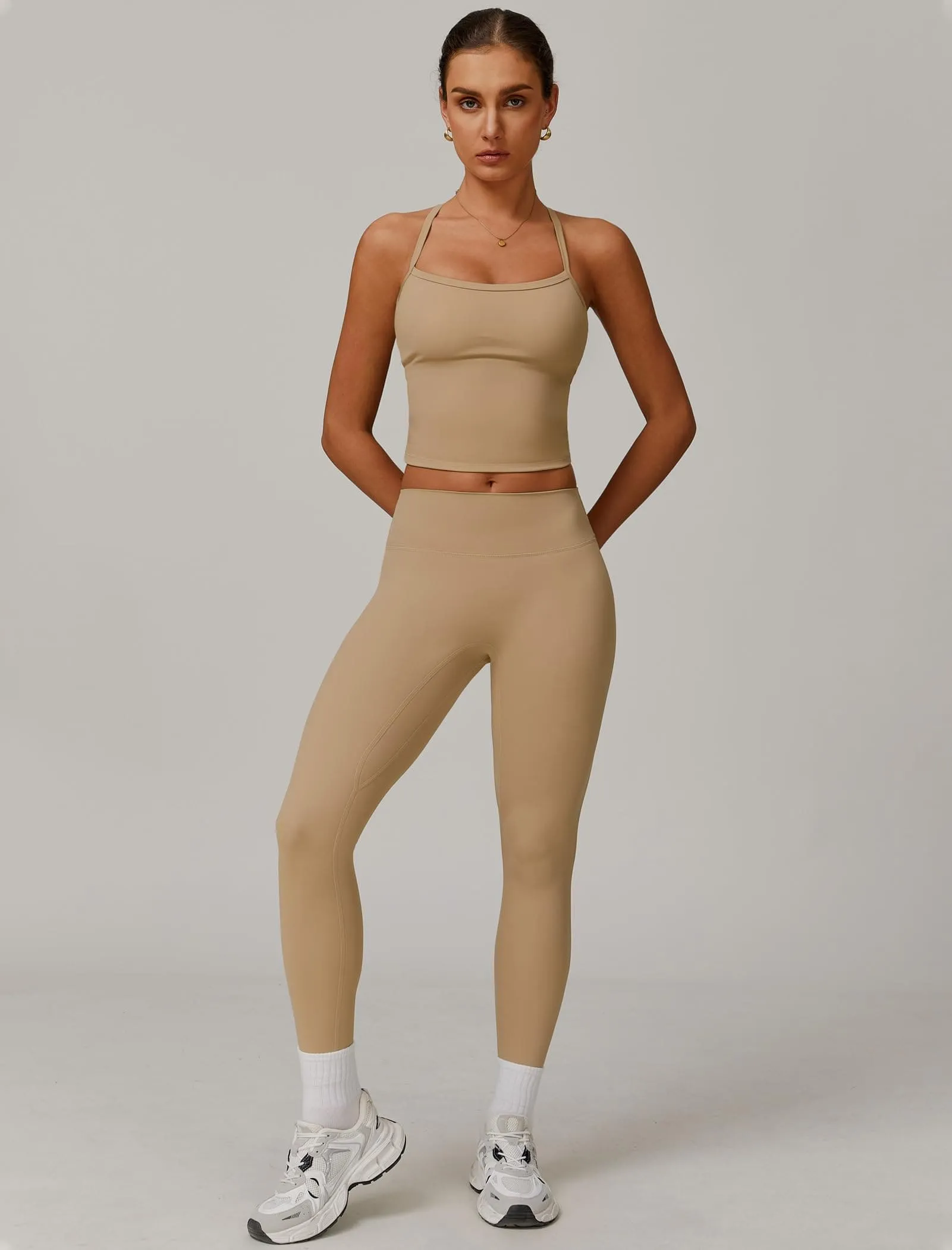 Womens Workout Sets Two Piece Seamless Stretch Cross Back Tank Top Matching Tummy Control High Waist Leggings Set 2 Piece For Women Gym Yoga Active Wear Outfits Athletic Work Out Clothes Khaki