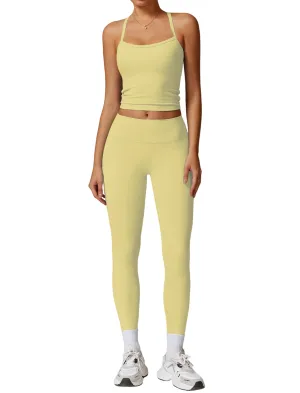 Womens Workout Sets Two Piece Seamless Stretch Cross Back Tank Top Matching Tummy Control High Waist Leggings Set 2 Piece For Women Gym Yoga Active Wear Outfits Athletic Work Out Clothes Yellow