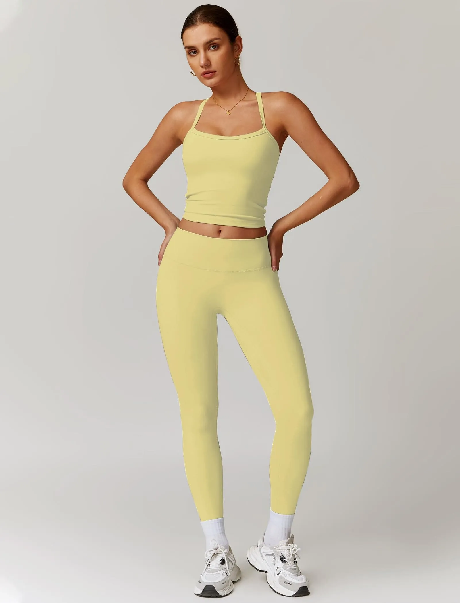 Womens Workout Sets Two Piece Seamless Stretch Cross Back Tank Top Matching Tummy Control High Waist Leggings Set 2 Piece For Women Gym Yoga Active Wear Outfits Athletic Work Out Clothes Yellow