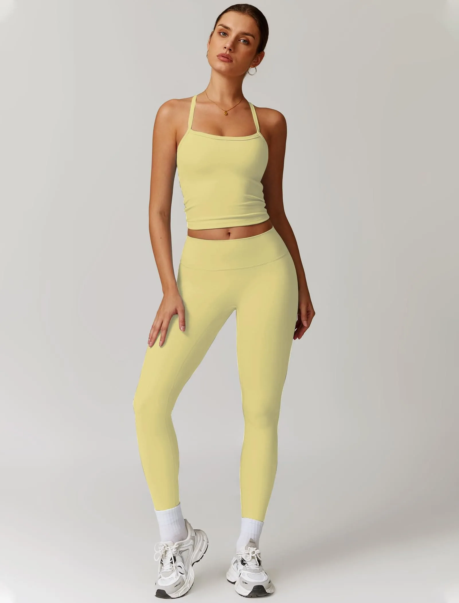 Womens Workout Sets Two Piece Seamless Stretch Cross Back Tank Top Matching Tummy Control High Waist Leggings Set 2 Piece For Women Gym Yoga Active Wear Outfits Athletic Work Out Clothes Yellow