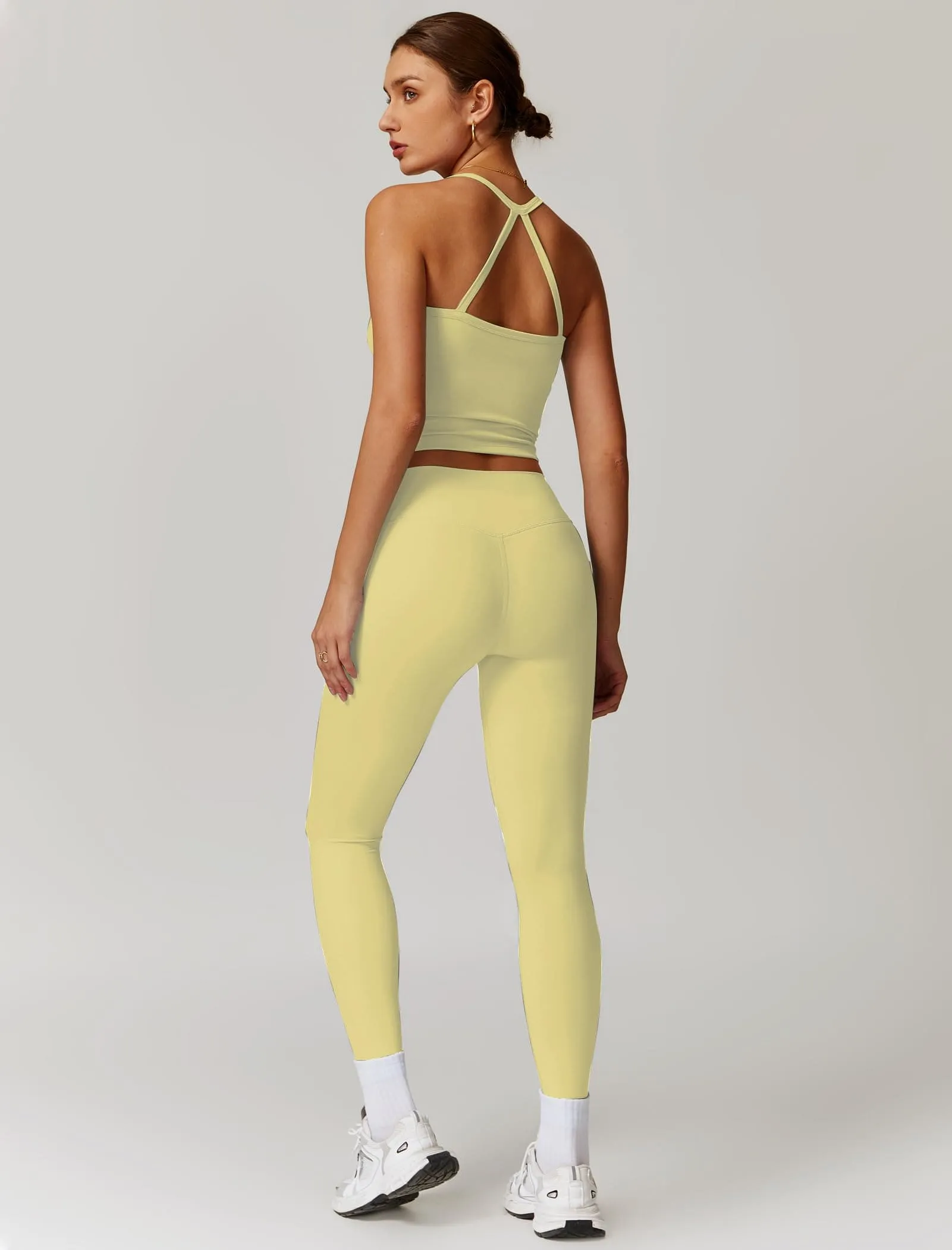 Womens Workout Sets Two Piece Seamless Stretch Cross Back Tank Top Matching Tummy Control High Waist Leggings Set 2 Piece For Women Gym Yoga Active Wear Outfits Athletic Work Out Clothes Yellow