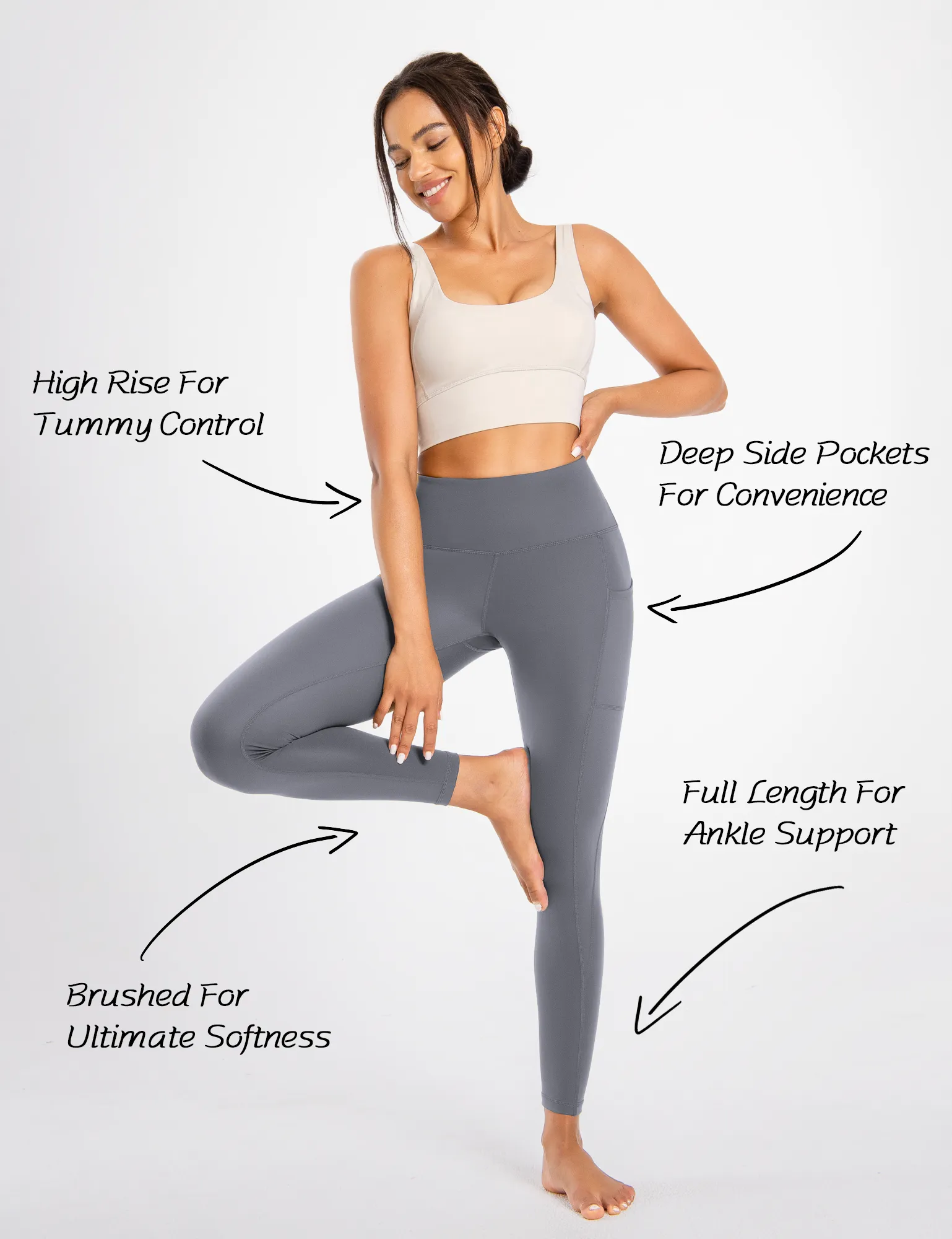 YR Leggings for Women, Yoga Pants with Deep Side Pockets, High Waisted, Grey