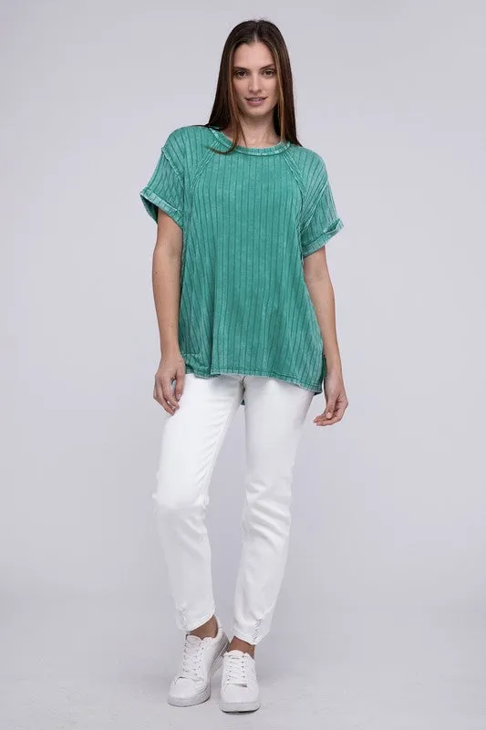 ZENANA Ribbed Raglan Dolman Sleeve Boat-Neck Top