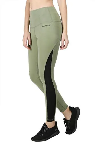 Zesteez Women's imported Lycra Fabric Activewear Legging for sports and Gym wear (Mehendi Green and Black, S)